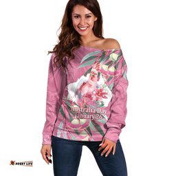 Pink Cockatoo Australia Day Off Shoulder Sweater Proud To Be An Aussie Opal Eucalyptus Blossoms LT14