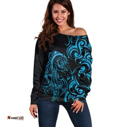 Blue Aoteara Horse Racing Off Shoulder Sweater NZ Maori Pattern LT14