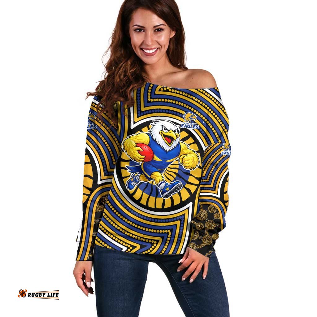 West Coast Eagles Off Shoulder Sweater Indigenous Monochrome Dot Art Mascot Style TS04