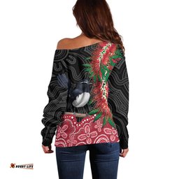 Willie wagtail Australia Off Shoulder Sweater Aussie Bottlebrushes Aboriginal Art LT14
