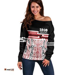 Personalised Toitu Te Tiriti Aotearoa 1840 Off Shoulder Sweater Red Kowhaiwhai Puhoro LT9