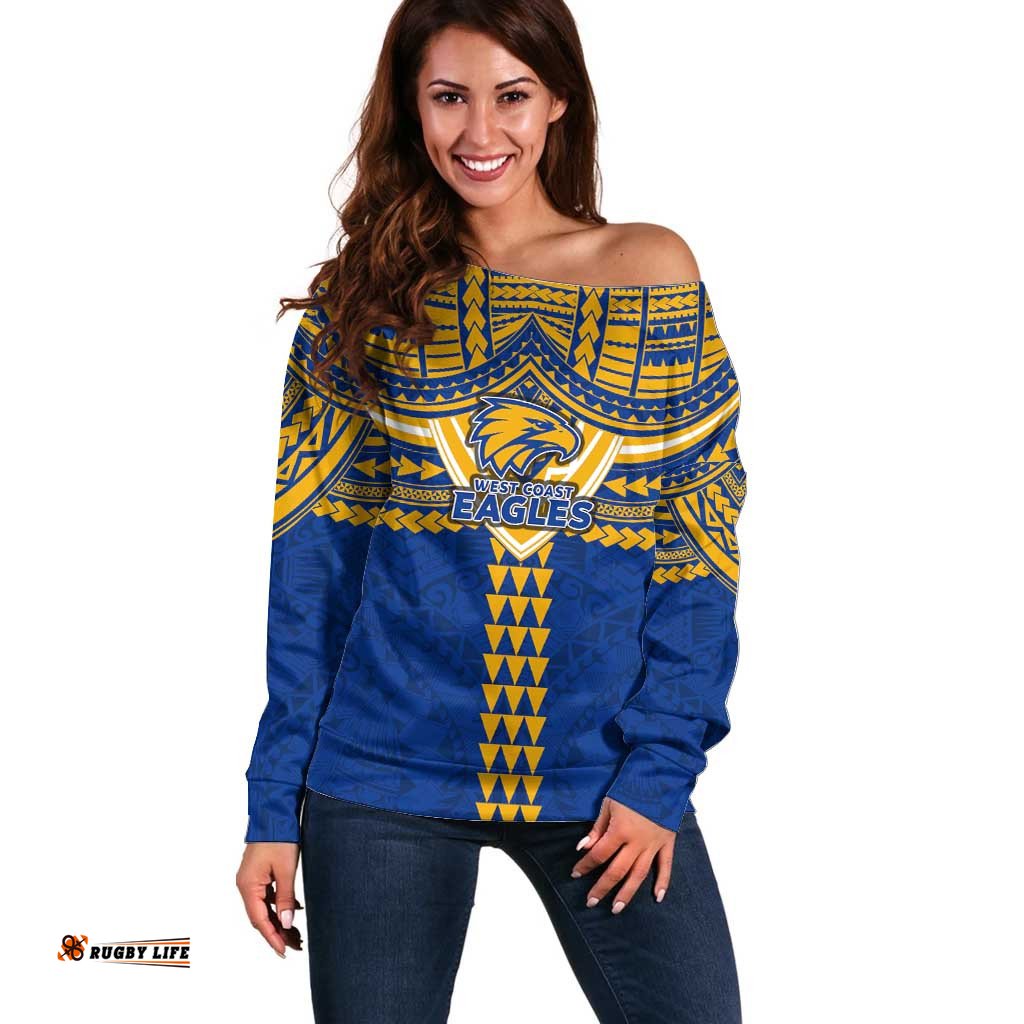 Personalized West Coast Eagles Off Shoulder Sweater Polynesian Tribal Pattern Heritage Football TS04