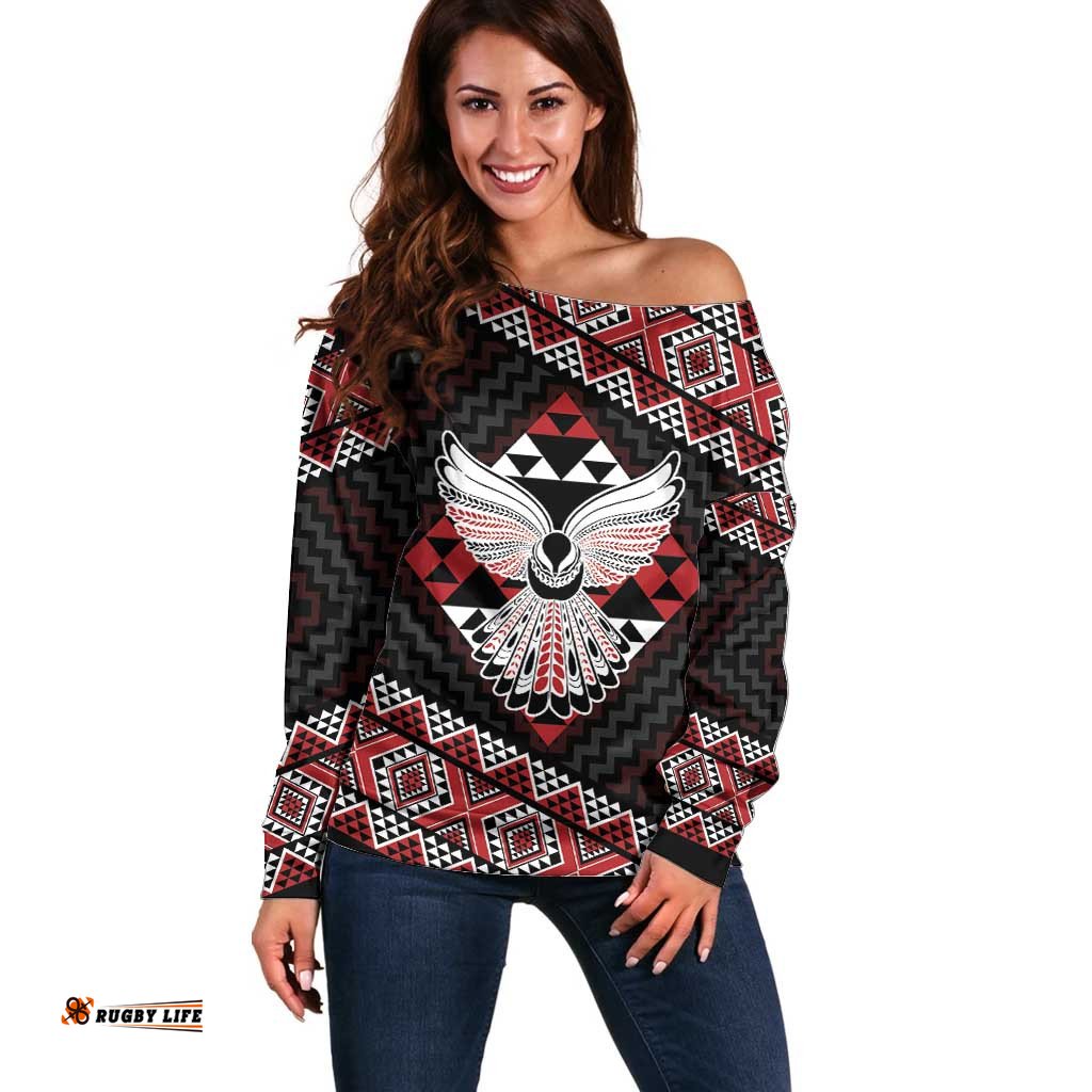 Taniko Aotearoa Off Shoulder Sweater Poutama Mix Piwakawaka - Ver02 LT7