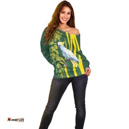 White Cockatoo and Golden Wattle Off Shoulder Sweater Australian Native Bird LT9