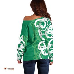 Pounamu Green Maori Off Shoulder Sweater Koru Kowhaiwhai LT7