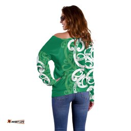 Pounamu Green Maori Off Shoulder Sweater Koru Kowhaiwhai LT7