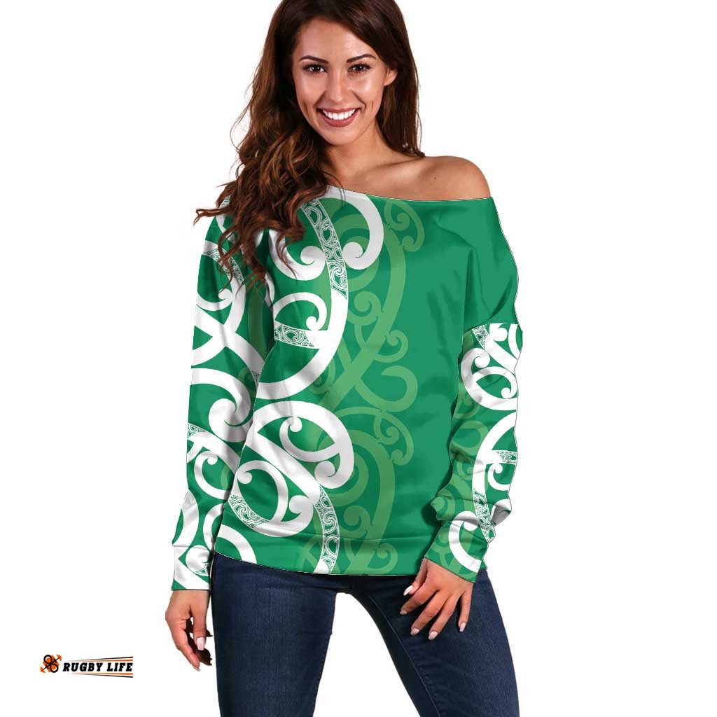 Pounamu Green Maori Off Shoulder Sweater Koru Kowhaiwhai LT7