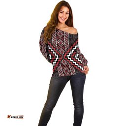 Red Tukutuku Pattern Aotearoa Off Shoulder Sweater Niho Taniwha and Puhoro Motifs LT7