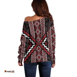 Red Tukutuku Pattern Aotearoa Off Shoulder Sweater Niho Taniwha and Puhoro Motifs LT7