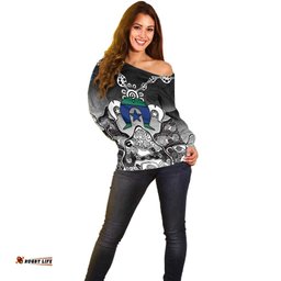 Torres Strait Islander Flag Off Shoulder Sweater Dhari Indigenous Dotwork Pattern Art TS04