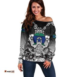 Torres Strait Islander Flag Off Shoulder Sweater Dhari Indigenous Dotwork Pattern Art TS04