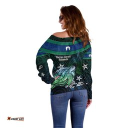 Torres Strait Islands Sea Turtle and Dhari Off Shoulder Sweater Oceanic Indigenous Dotwork Tribal Illustration TS04