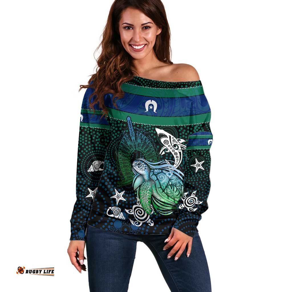 Torres Strait Islands Sea Turtle and Dhari Off Shoulder Sweater Oceanic Indigenous Dotwork Tribal Illustration TS04