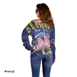 Personalised Pink Galah Australia Day Off Shoulder Sweater 26th January Golden Wattle Flag Color LT14