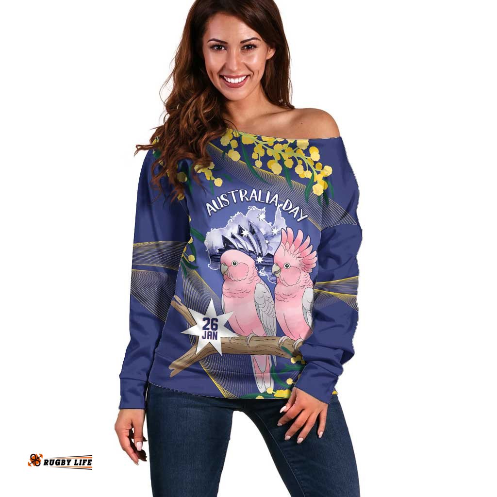 Personalised Pink Galah Australia Day Off Shoulder Sweater 26th January Golden Wattle Flag Color LT14