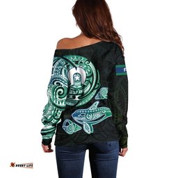 Whale and Dhari Torres Strait Islands Off Shoulder Sweater Deep Green Oceanic Tribal Pattern Art TS04