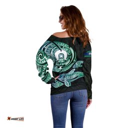 Whale and Dhari Torres Strait Islands Off Shoulder Sweater Deep Green Oceanic Tribal Pattern Art TS04