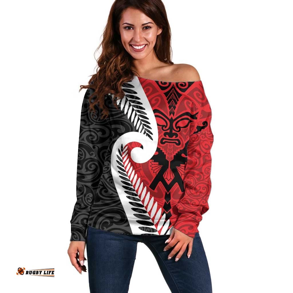 Silver Fern Koru Swirls with Maori Ta Moko Off Shoulder Sweater LT9