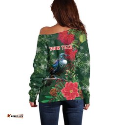 Tui Meri Kirihimete Personalised Off Shoulder Sweater Pohutukawa Flowers Green Motif LT9