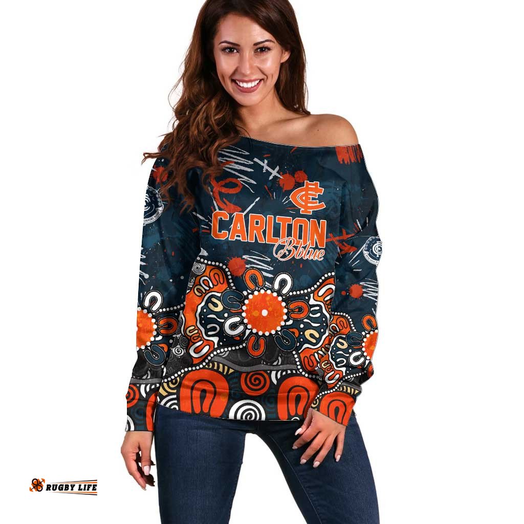 Personalized Carlton Blues Off Shoulder Sweater Aboriginal Dot Painting Graffiti Style TS04