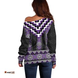 Purple Taniko Pattern Aotearoa Off Shoulder Sweater Niho Taniwha Mix Poutama LT14