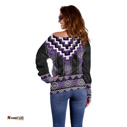 Purple Taniko Pattern Aotearoa Off Shoulder Sweater Niho Taniwha Mix Poutama LT14