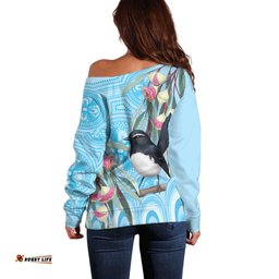 Willie wagtail Australia Off Shoulder Sweater Eucalyptus Blossoms Aboriginal Art LT14