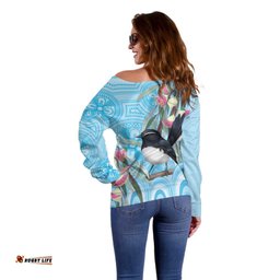 Willie wagtail Australia Off Shoulder Sweater Eucalyptus Blossoms Aboriginal Art LT14