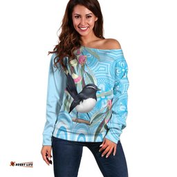 Willie wagtail Australia Off Shoulder Sweater Eucalyptus Blossoms Aboriginal Art LT14