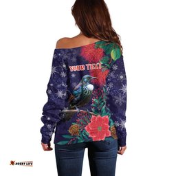 Tui Meri Kirihimete Personalised Off Shoulder Sweater Pohutukawa Flowers Blue Motif LT9