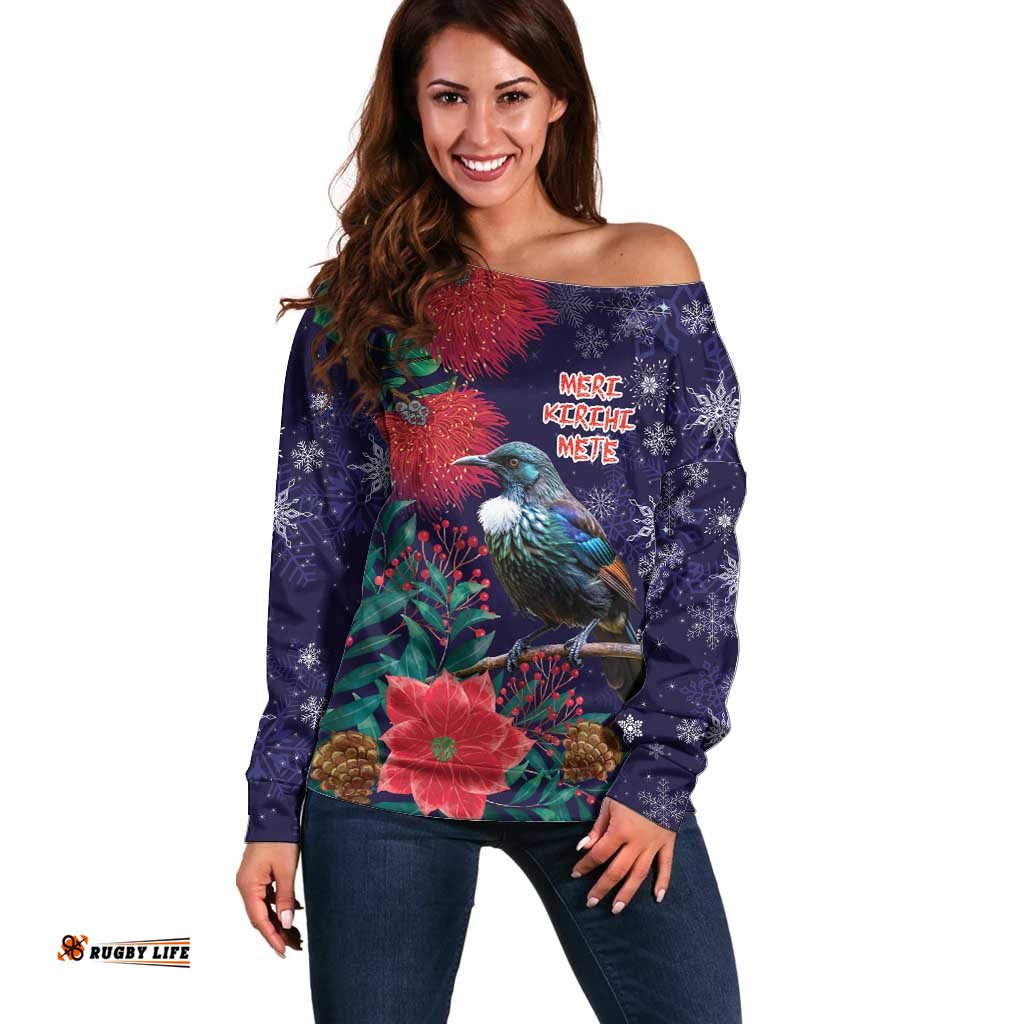 Tui Meri Kirihimete Personalised Off Shoulder Sweater Pohutukawa Flowers Blue Motif LT9