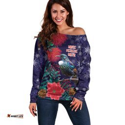 Tui Meri Kirihimete Personalised Off Shoulder Sweater Pohutukawa Flowers Blue Motif LT9