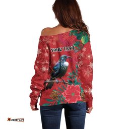 Tui Meri Kirihimete Personalised Off Shoulder Sweater Pohutukawa Flowers Red Motif LT9