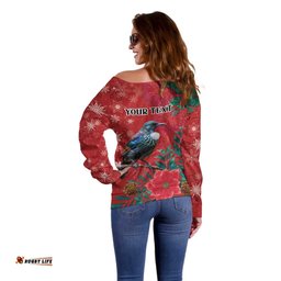 Tui Meri Kirihimete Personalised Off Shoulder Sweater Pohutukawa Flowers Red Motif LT9