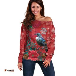 Tui Meri Kirihimete Personalised Off Shoulder Sweater Pohutukawa Flowers Red Motif LT9
