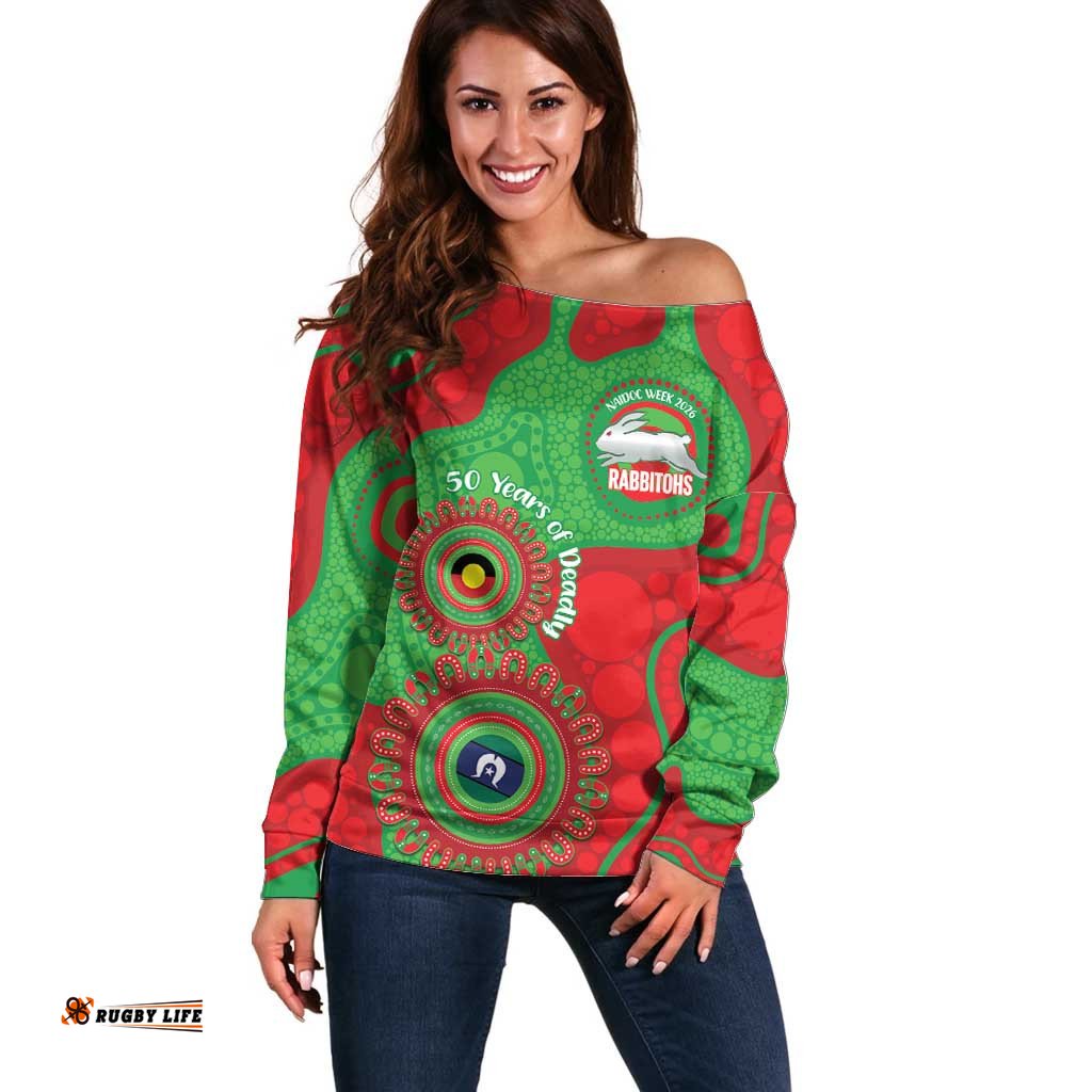 Rabbitohs NAIDOC Week 2026 Personalised Off Shoulder Sweater 50 Years of Deadly Aboriginal Art LT14
