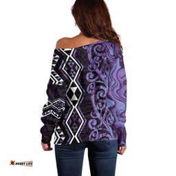 Purple Aotearoa Off Shoulder Sweater Taniko Motifs With Paua Shell Kowhaiwhai LT14
