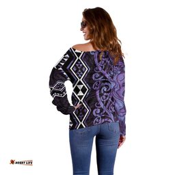 Purple Aotearoa Off Shoulder Sweater Taniko Motifs With Paua Shell Kowhaiwhai LT14
