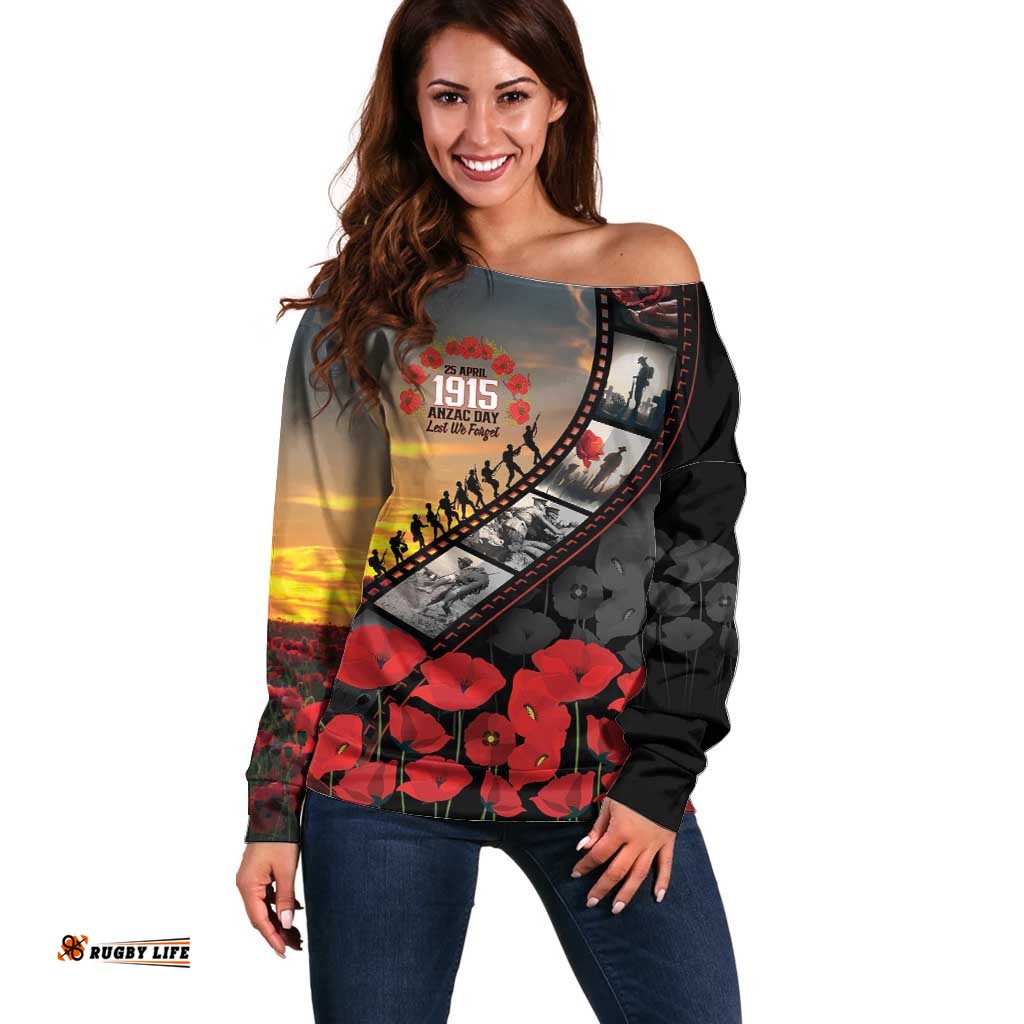 Personalised Remembering ANZAC Lest We Forget Off Shoulder Sweater Vintage Film Frame Memorial Red Poppy LT9