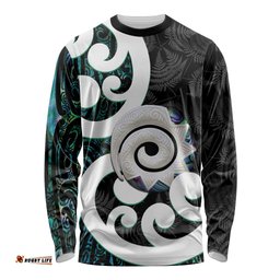 Aotearoa Koru Long Sleeve Shirt Cyan Maori Paua Shell Mix Silver Fern LT14