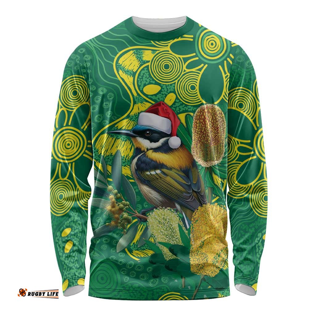 Aussie Honeyeaters Banksia Christmas Long Sleeve Shirt Aboriginal Dots Painting Green Motif LT9