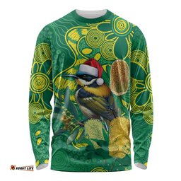 Aussie Honeyeaters Banksia Christmas Long Sleeve Shirt Aboriginal Dots Painting Green Motif LT9