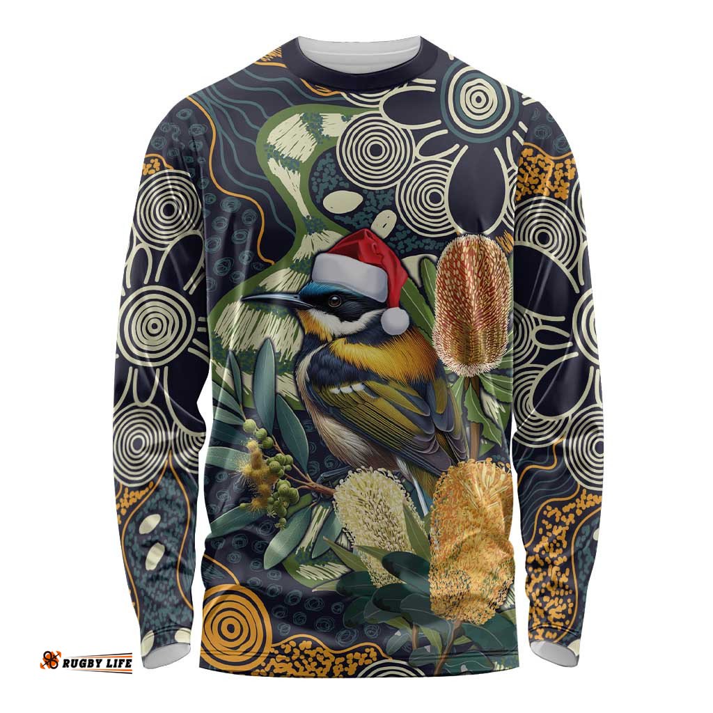 Aussie Honeyeaters Banksia Christmas Long Sleeve Shirt Aboriginal Dots Painting Blue Motif LT9