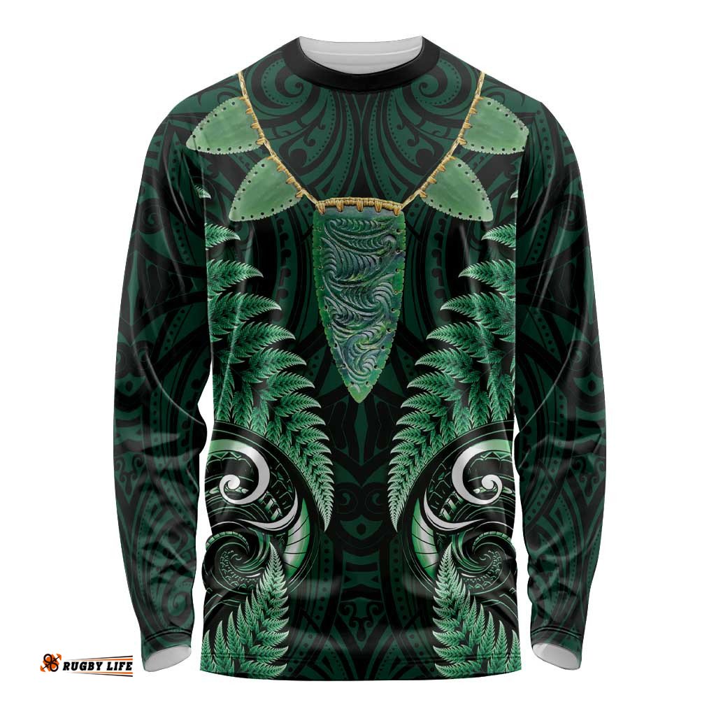 Aotearoa Pounamu Niho Long Sleeve Shirt Silver Fern Mix Maori Pattern - Green LT14