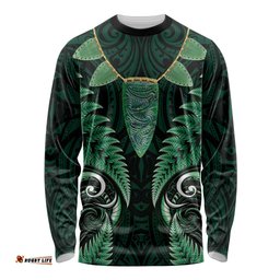Aotearoa Pounamu Niho Long Sleeve Shirt Silver Fern Mix Maori Pattern - Green LT14