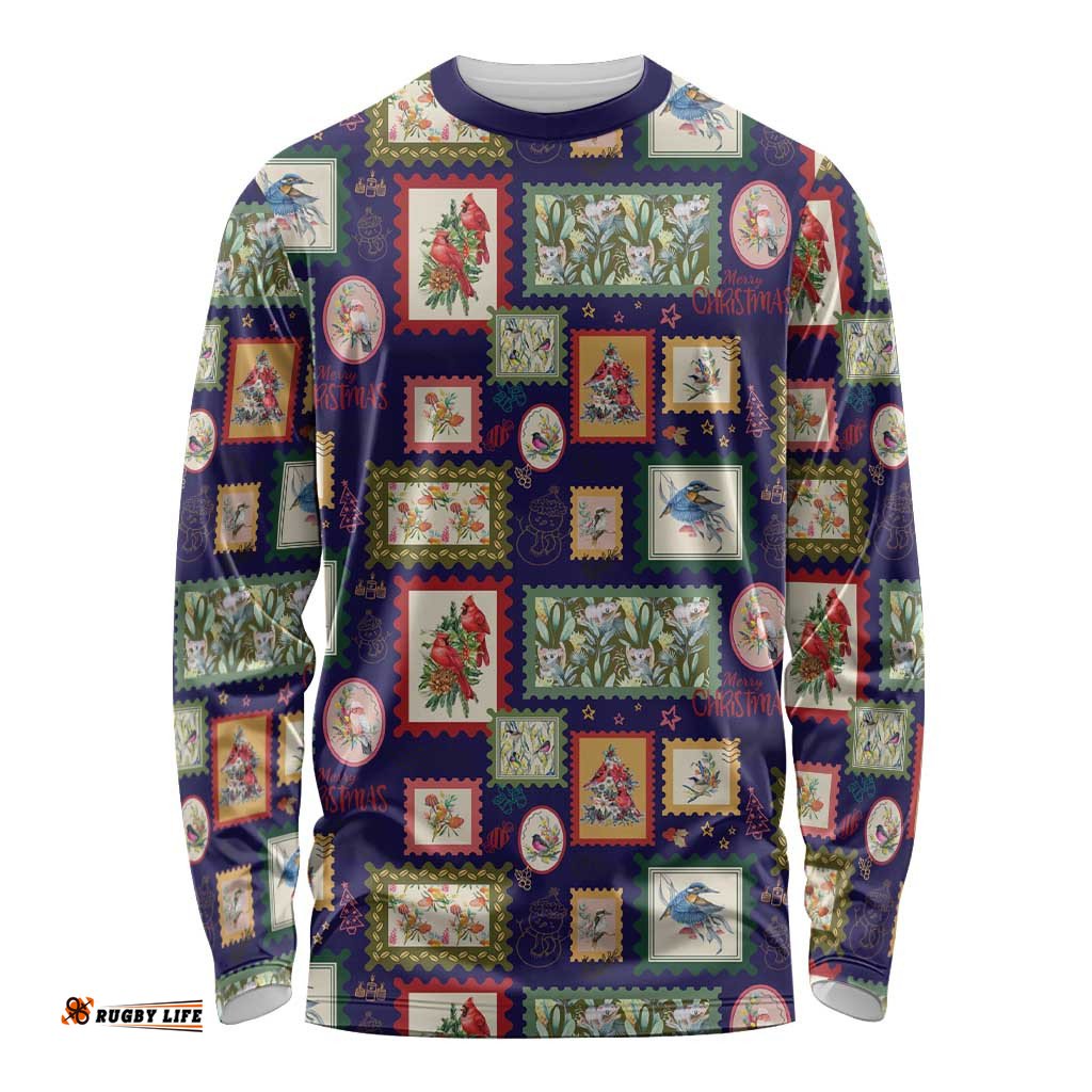 Aussie Birds Christmas La La Land Long Sleeve Shirt Navy Blue Vintage Stamp Edition LT9