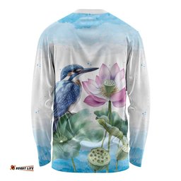 Australia Azure Kingfisher Long Sleeve Shirt Ceyx Azureus Sacred Lotus Watercolor LT14