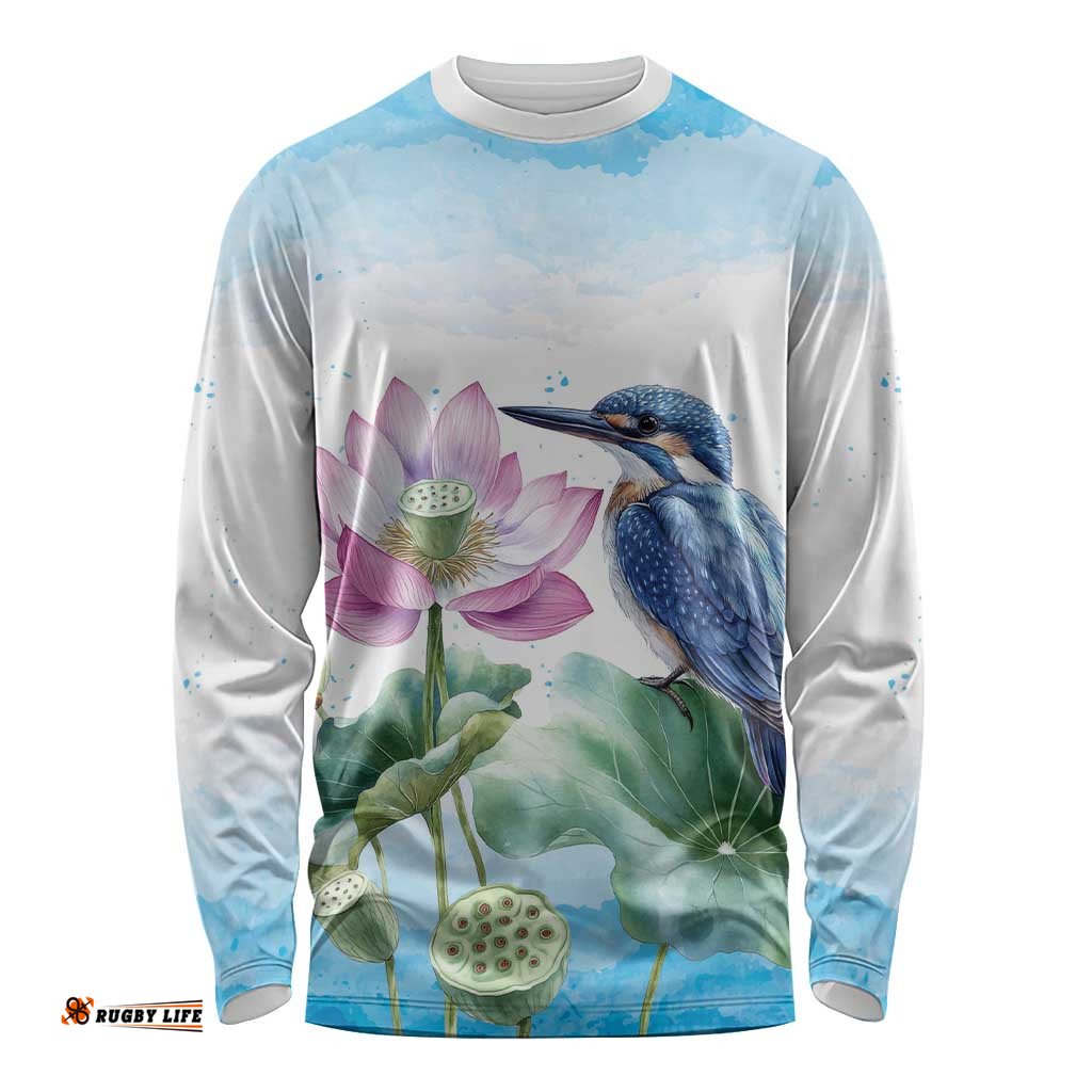 Australia Azure Kingfisher Long Sleeve Shirt Ceyx Azureus Sacred Lotus Watercolor LT14