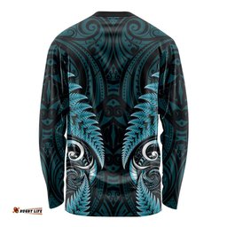 Aotearoa Pounamu Niho Long Sleeve Shirt Silver Fern Mix Maori Pattern - Turquoise LT14