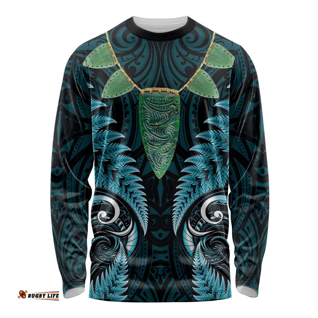 Aotearoa Pounamu Niho Long Sleeve Shirt Silver Fern Mix Maori Pattern - Turquoise LT14
